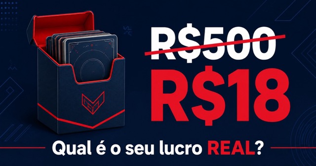 Ilustração do lucro real em loja de TCG - deck box vermelha com cartas, mostrando quanto você realmente lucrou: R$5000 riscado, R$18 em destaque